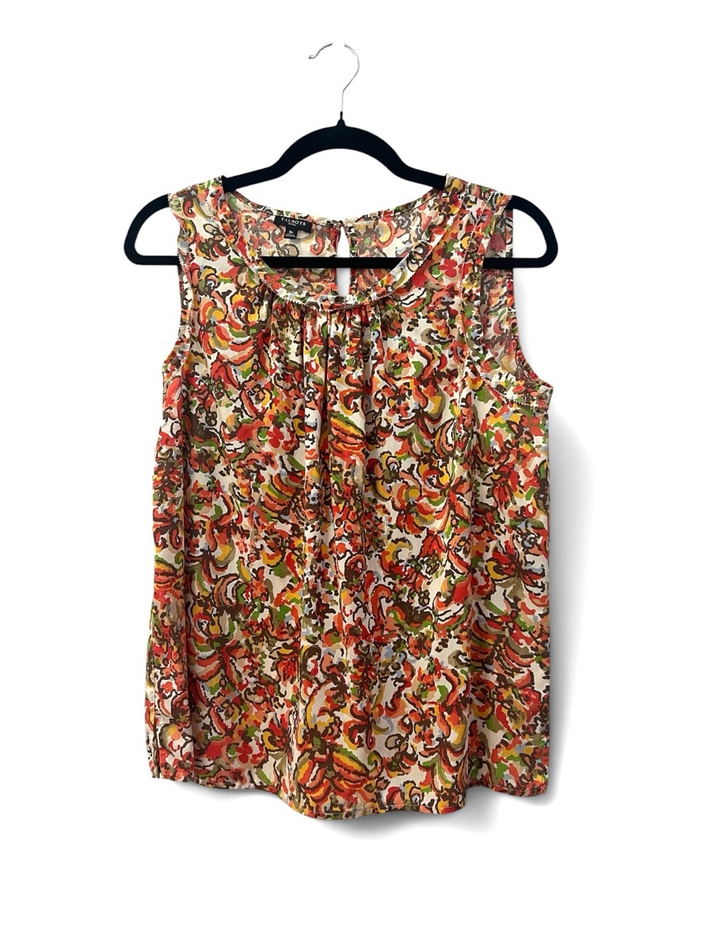 Talbots 100% Tencel Abstract Floral Sleeveless Blouse Orange Cream Green Size 8P